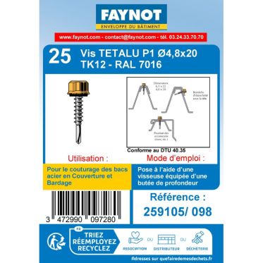 Vis autoperceuse à couture 4,8x20 mm - Faynot - RAL 7016 Gris anthracite