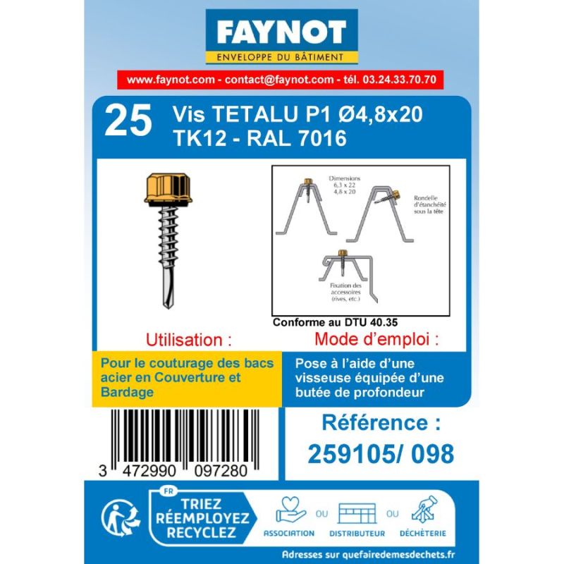 Vis autoperceuse à couture 4,8x20 mm - Faynot - RAL 7016 Gris anthracite
