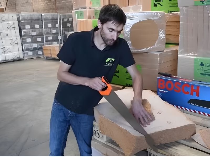 Découpe de laine de bois avec un couteau ou une scie a isolant